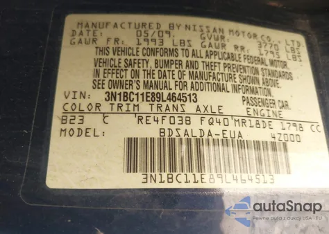 2009 Nissan Versa 1.8S z USA, uszkodzony, nr VIN 3N1BC11E89L464513